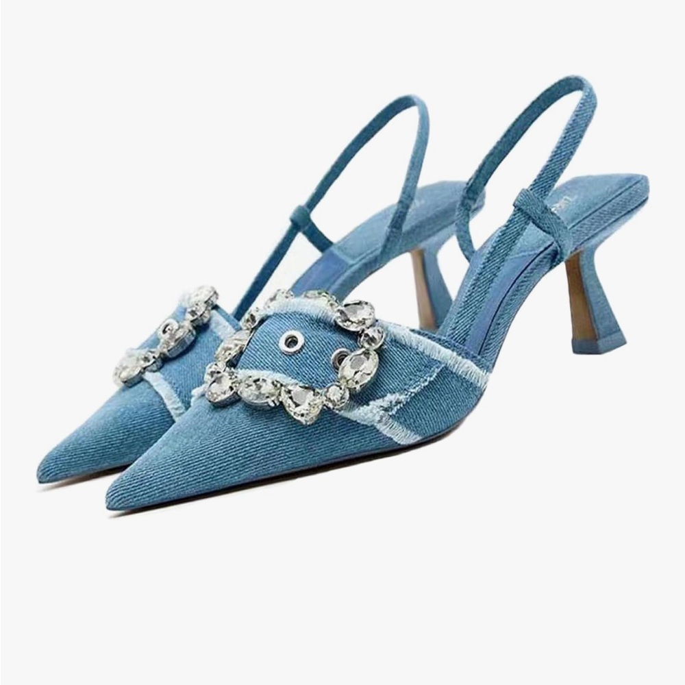 Elegant Blue Slingback Heels with Crystal Embellishments